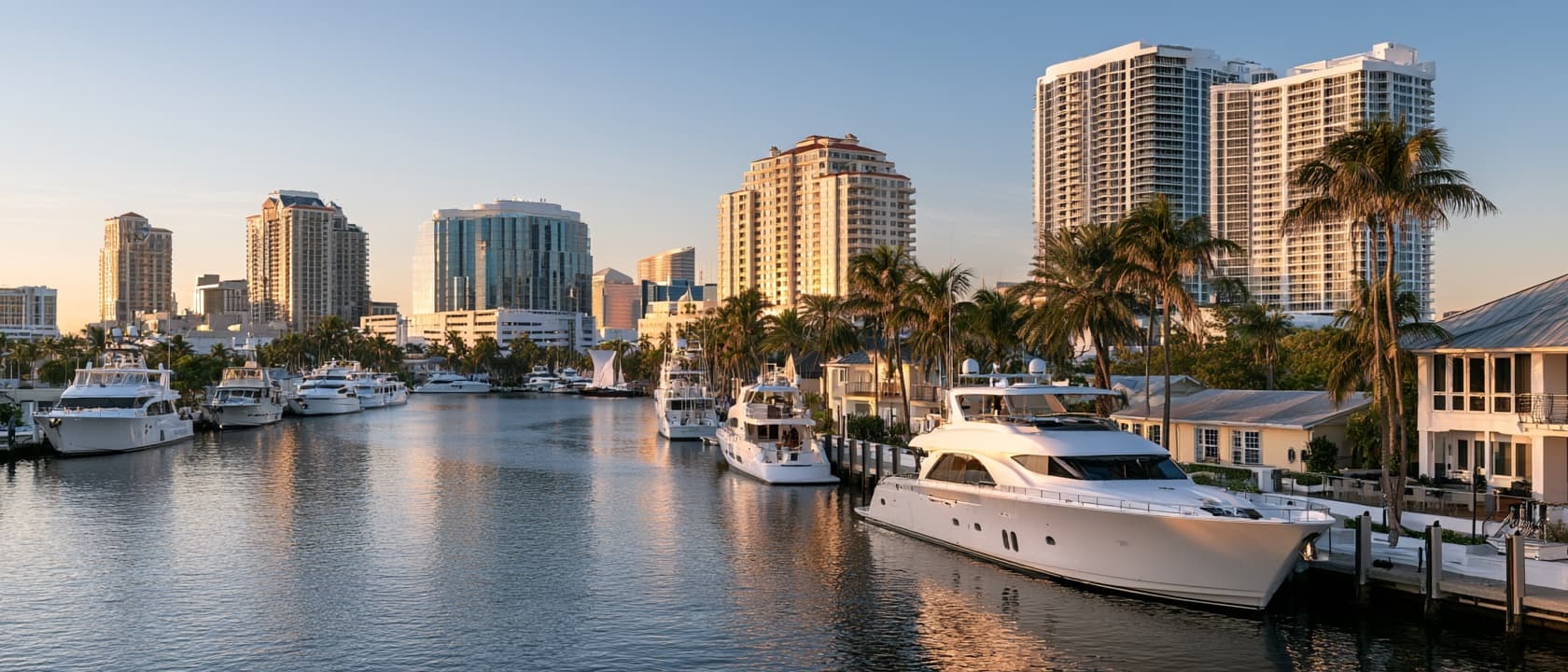 Stylized view of the Fort Lauderdale Intracoastal Waterway with yachts and the downtown skyline